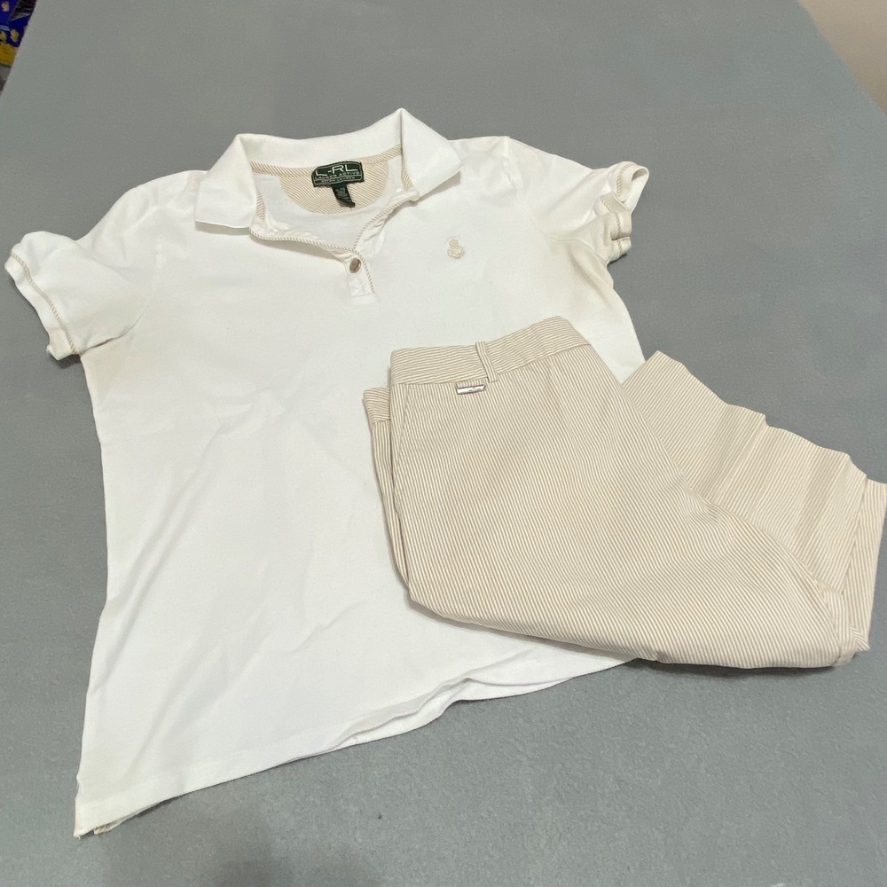 L-RL Active Set Women XL White Polo Shirt Beige Stripe‎ Shorts Golf Tennis